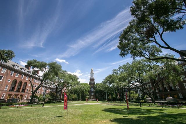 The grassy campus of Brooklyn College in NYC.